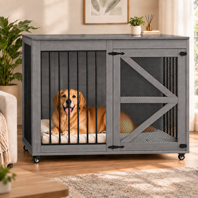 47" Dog Crate Furniture, 35.4" Tall Thick Wooden Dog Kennel TV Stand for Large Dogs, Gray