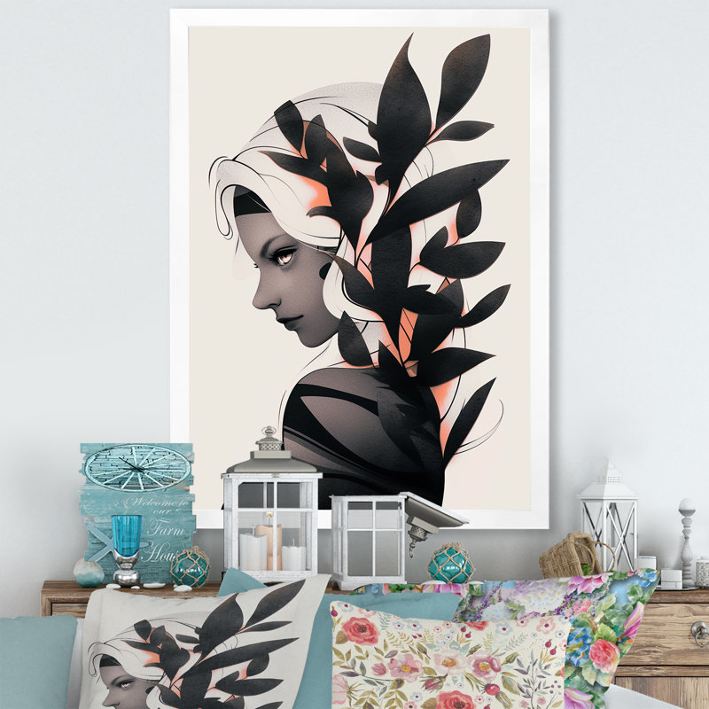 Animations, portrait de femme tropicale II - Art mural, Cadre simple blanc, H 32 po x l 16 po x P 1 po