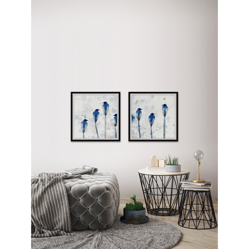 Diptyque d'oiseaux bleus debout, H 18 po x l 18 po