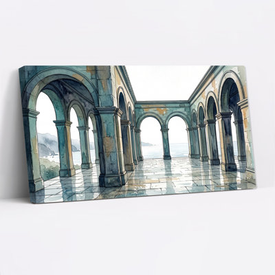 Blue Stone Arched Colonnade Overlooking Sea Watercolor Canvas Wall Art 47 x 24 x 1.5 Inch