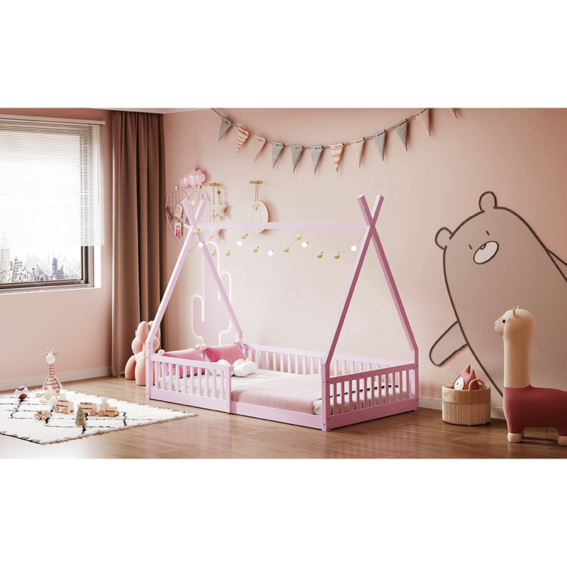 Lit de maison rose avec clôture en bois de pin massif, Rose