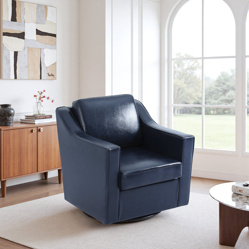 Bronnen Big And Wide Upholstered Cushion Swivel Armchair with Removable Back and Seat Cushion, Navy, Faux Leather