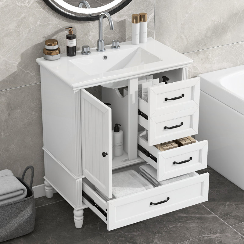 Meuble-lavabo de 30 pouces d'inspiration rétro avec lavabo en céramique, trois tiroirs et armoire à une porte pour beaucoup de rangement