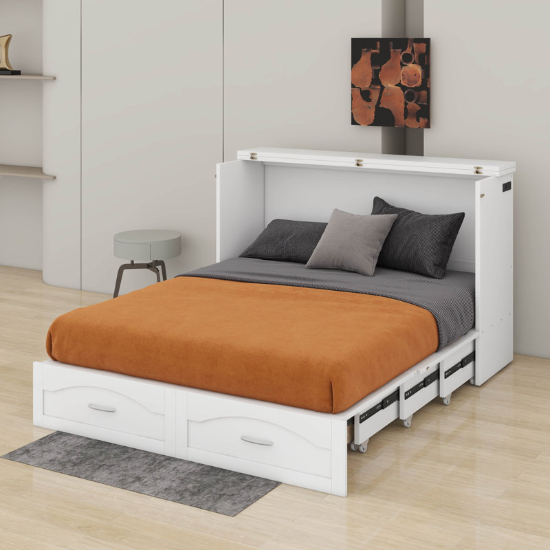 Grand lit escamotable avec tiroir et port USB, Blanc