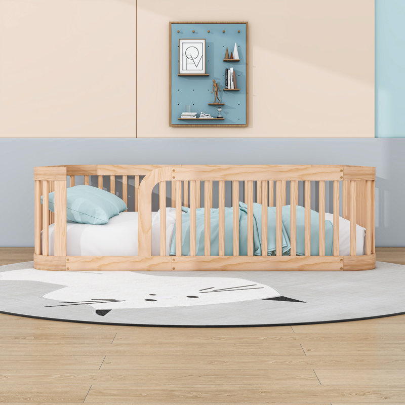 Full Wooden Floor Bed With Guardrails, Natural