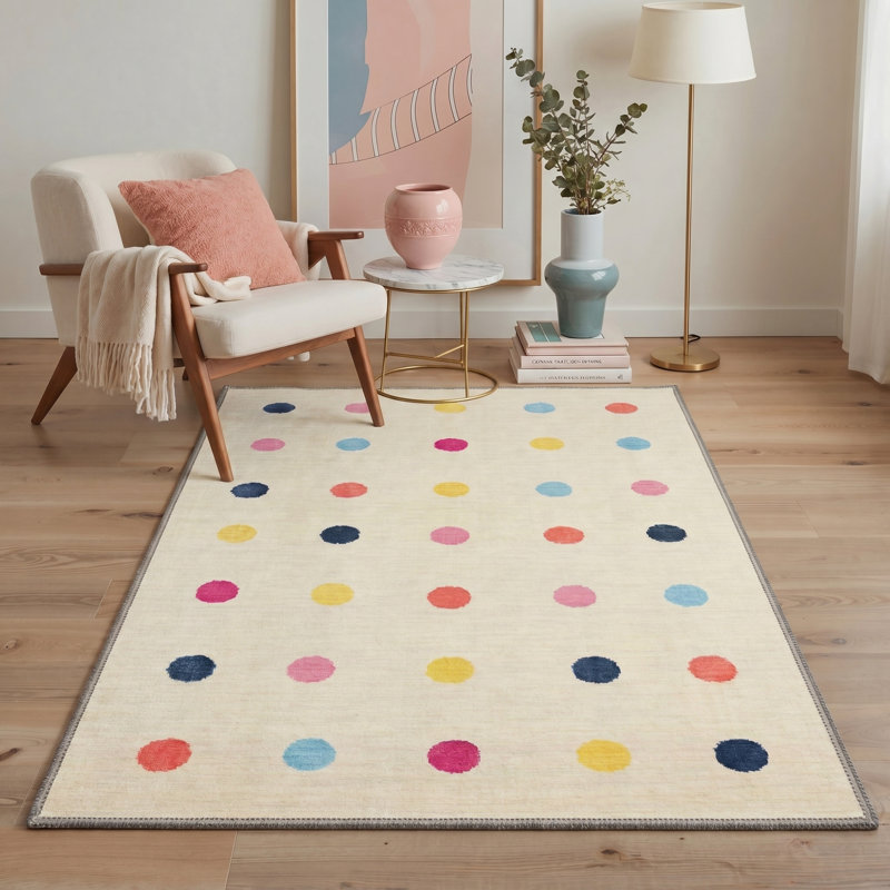 Tapis d'intérieur moderne à pois multicolores à motif aquarelle et à pois, lavable à la machine, Rectangle 84 po x 60 po