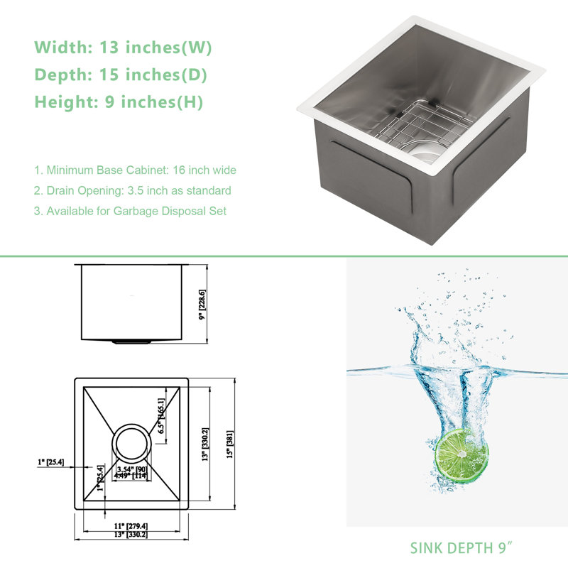 Undermount Kitchen Bar Sink 16 Gauge  Sink with Bottom Grid, Stainless Steel , 15" L x 17" W 