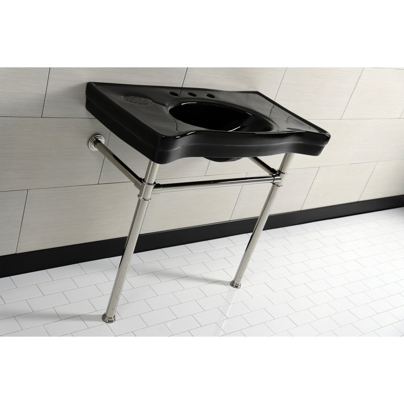 Kingston Brass Imperial 36-Inch Ceramic Console Sink Basin with Stainless Steel Legs (8-Inch, 3-Hole), Polished Nickel