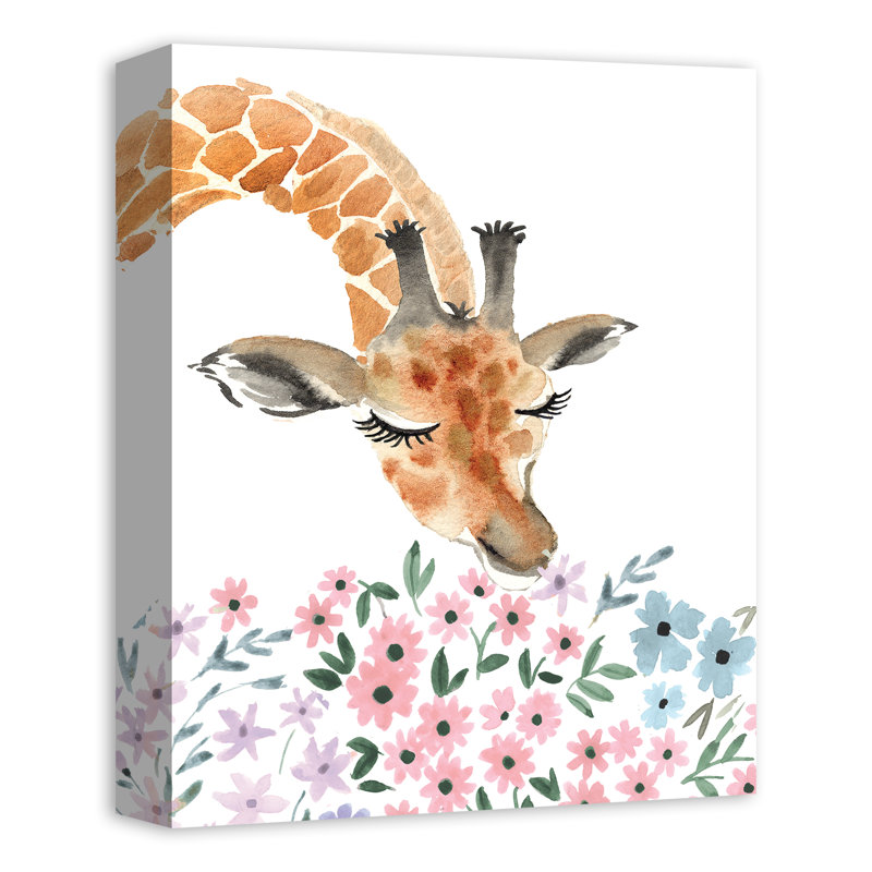Girafe qui sent les fleurs sur toile, H 14 po x l 11 po
