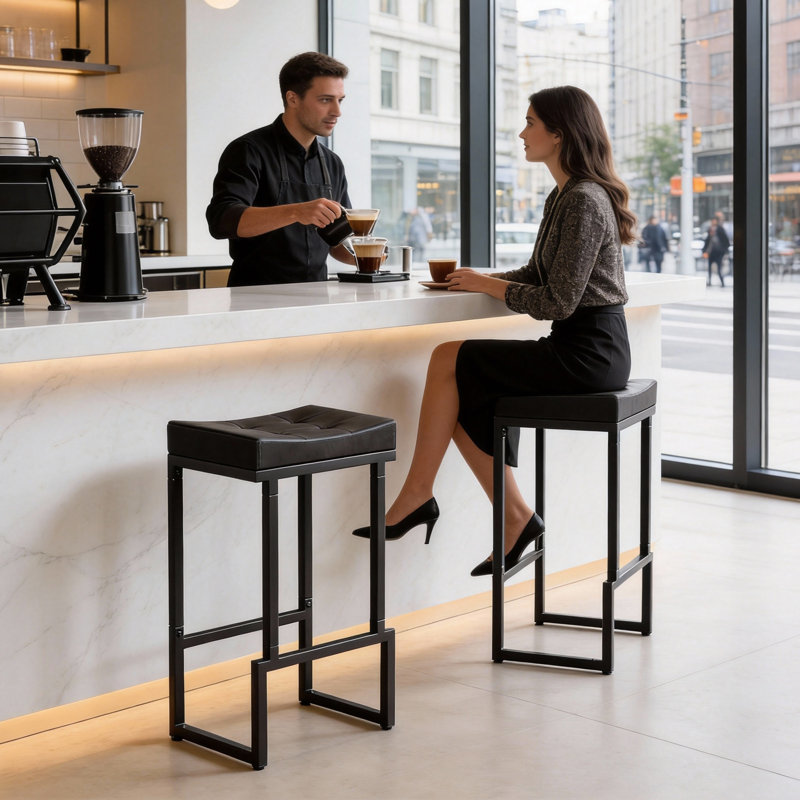 Tabouret de comptoir rembourré avec structure et repose-pieds en métal, tabouret de bar à hauteur de siège sans dossier, Noir