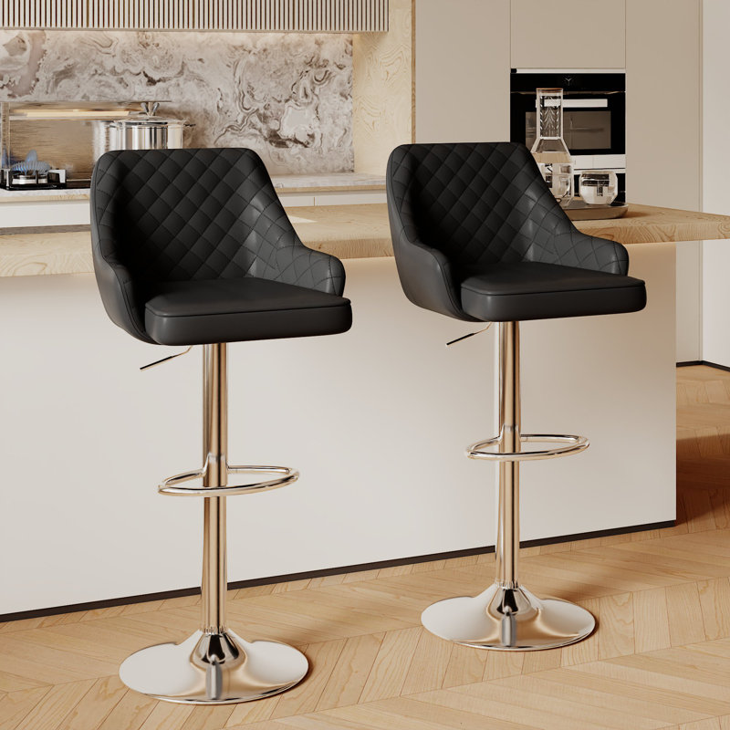 Aryelle Bar Stools Set of 2, Adjustable Counter Height Stools with Back and Arm, Modern Swivel Bar Chairs with Footrest, Upholstered PU Leather Kitchen Island Stools, Black