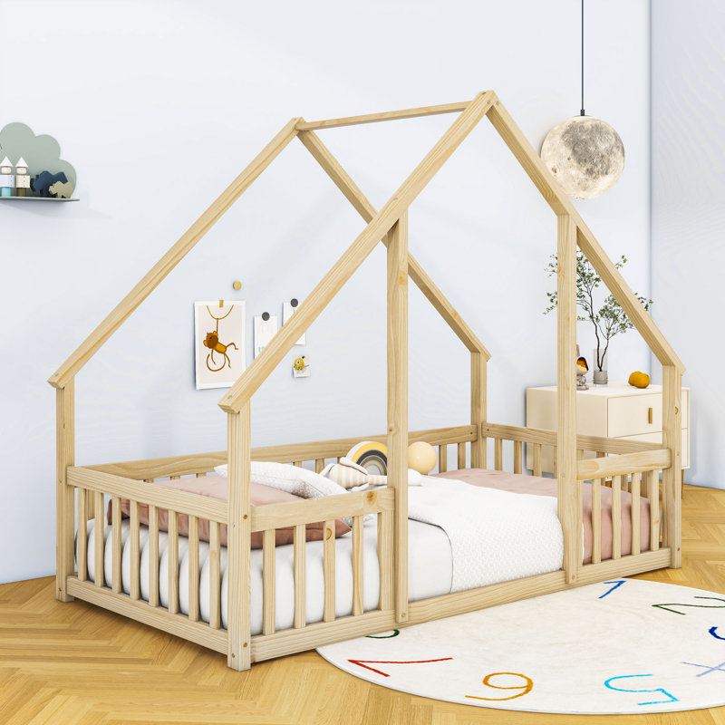 Lit en bois avec garde-corps en forme de maison, Simple, Naturel
