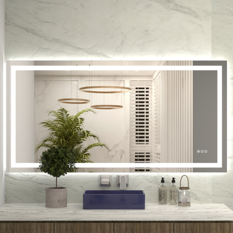 Miroir de salle de bain 60X28 à DEL avec lumières, miroir de meuble-lavabo avant et rétro-éclairé, verre trempé anti-buée, 3 réglages de mémoire de couleur | Idée de cadeau