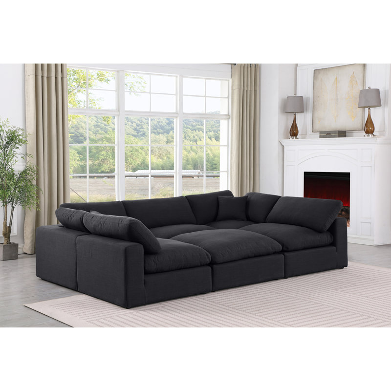 Canapé modulaire 6 pièces Husnein, Tissu texturé en lin noir