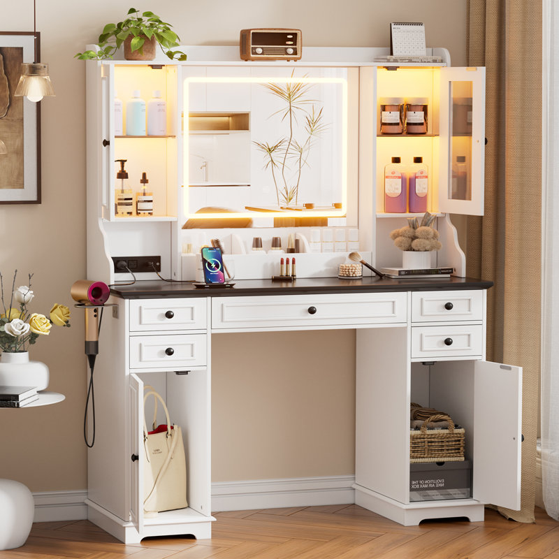 Farmhouse Makeup Vanity With Power Outlet & Mirror, 3 Light Mode