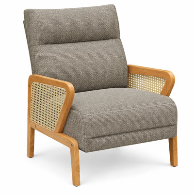 Fauteuil d'appoint rembourré de style moderne du milieu du siècle, 86 cm (33,8 po), avec panneaux en rotin tressé, structure en bois, dossier haut et siège à ressorts épais.