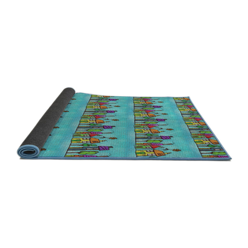 Tapis bleu/vert à motifs, Rond 5 pi
