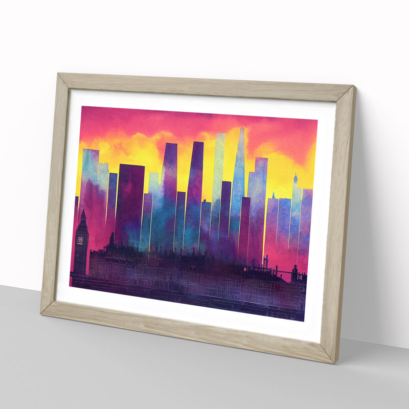 Watercolour London Skyline Vol.2 Abstract - Single Picture Frame Painting, 25cm H x 34cm W x 2cm D, Oak