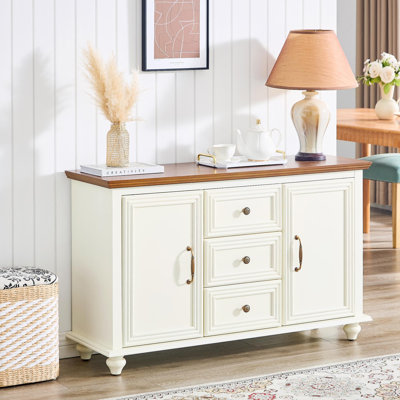 Buffet 47,3 "Mid Century Modern Buffet avec rangement, armoire de rangement en bois avec 2 portes et 3 tiroirs pour la cuisine, le vestibule, la console décorative, brun et blanc