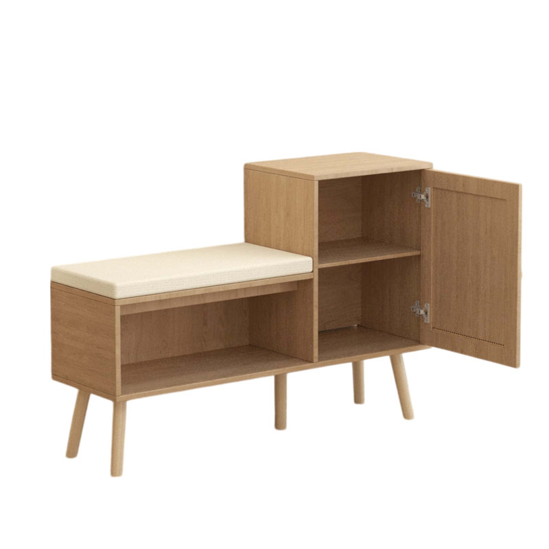 2-In-1 Shoe Storage Bench With Rattan Accents, Adjustable Shelves, And Removable Seat Cushion For Modern Entryways