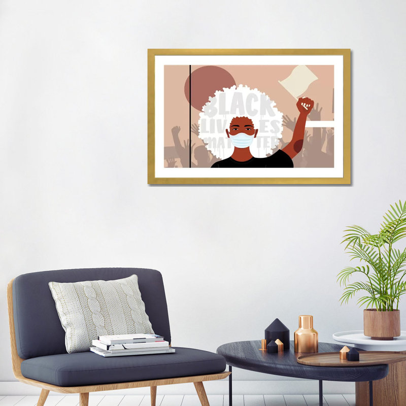 Protest I - impression d'art graphique, Blanc, Papier encadré doré, H 24 po x l 32 po x P 1 po