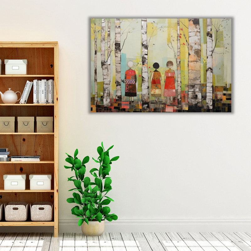 Trio près de bouleaux, impression d'art mural, Cadre flottant noir, H 12 po x l 18 po x P 1,25 po