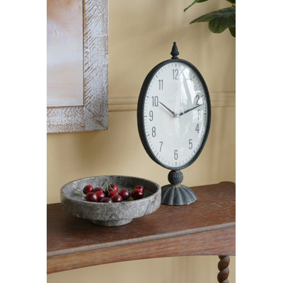 8.5X5x17.5" Vintage-Inspired Black Oval Table Clock With White Face And Pedestal Base