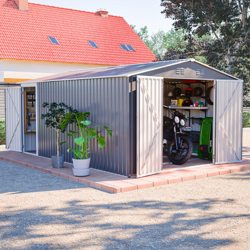 Remise de rangement extérieure en métal 10 x 14 pi, grande remise à outils de jardin avec 3 portes verrouillables et porte latérale, bâtiment de cour imperméable avec 4 bouches d'aération pour la cour, le patio et le gris clair