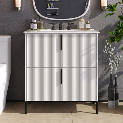 Meuble-lavabo à conception cannelée avec lavabo en céramique et 2 tiroirs