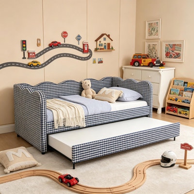 Lit de jour simple avec lit gigogne, canapé-lit rembourré en lin avec port USB, sommier non requis, adorable lit plateforme en forme de vague pour chambre d'enfant, chambre d'amis, petits appartements, bleu marine.
