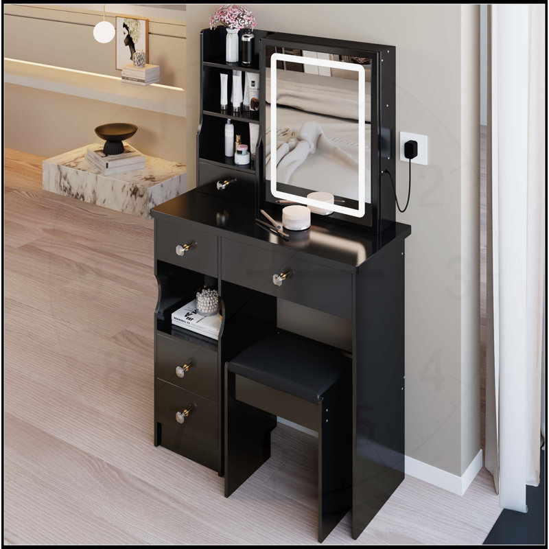 Table de coiffeuse compacte avec miroir à DEL de pointe et grand espace de rangement, Noir