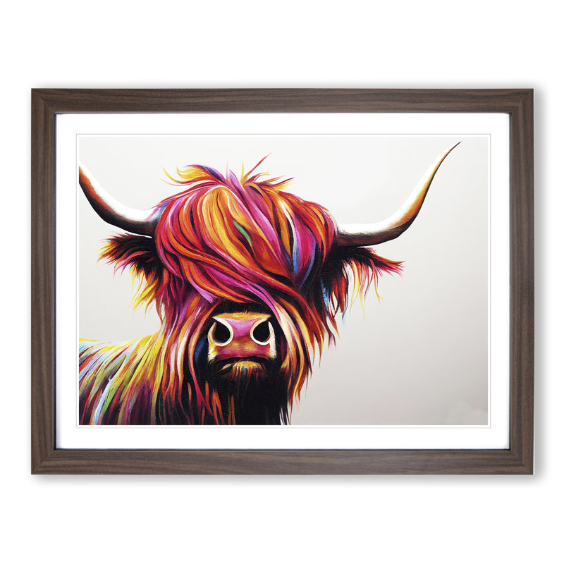 Vibrant Highland Cow Abstract - Framed Print, 46cm H x 64cm W x 2cm D, Walnut