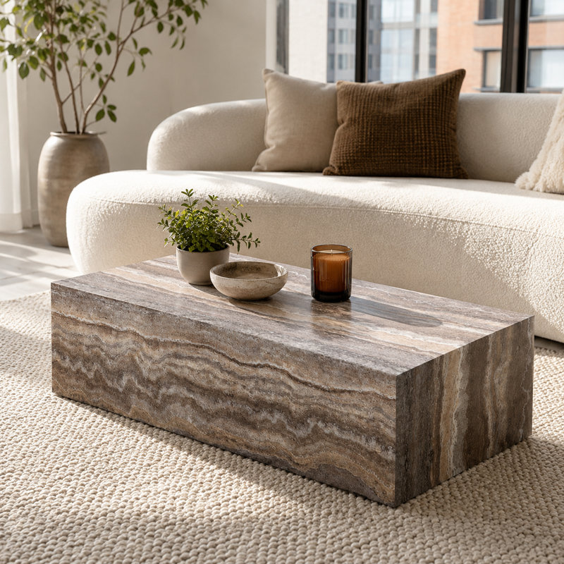 Table basse 39,3 po rectangulaire avec finition en pierre grise, centre de table moderne en bois aggloméré, aucun assemblage requis