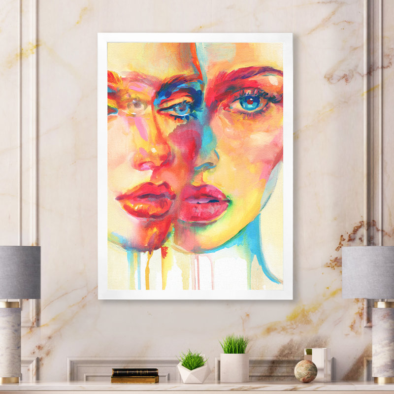 Double portrait expressionniste de deux femmes - œuvre d'art sur toile Glam, H 34 po x l 44 po x P 1,5 po, Cadre photo blanc