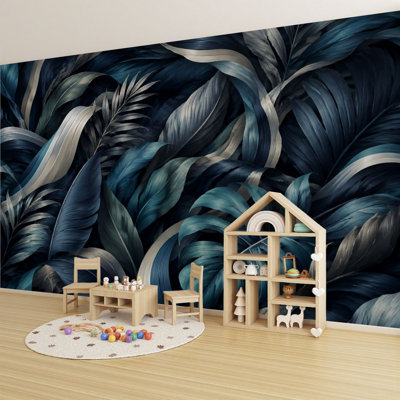 Papier peint adhésif à motif de feuilles tropicales bleues foncées et monochromes H 100 po x l 144 po, papier peint amovible en PVC auto-adhésif pour chambre à coucher, bureau à domicile