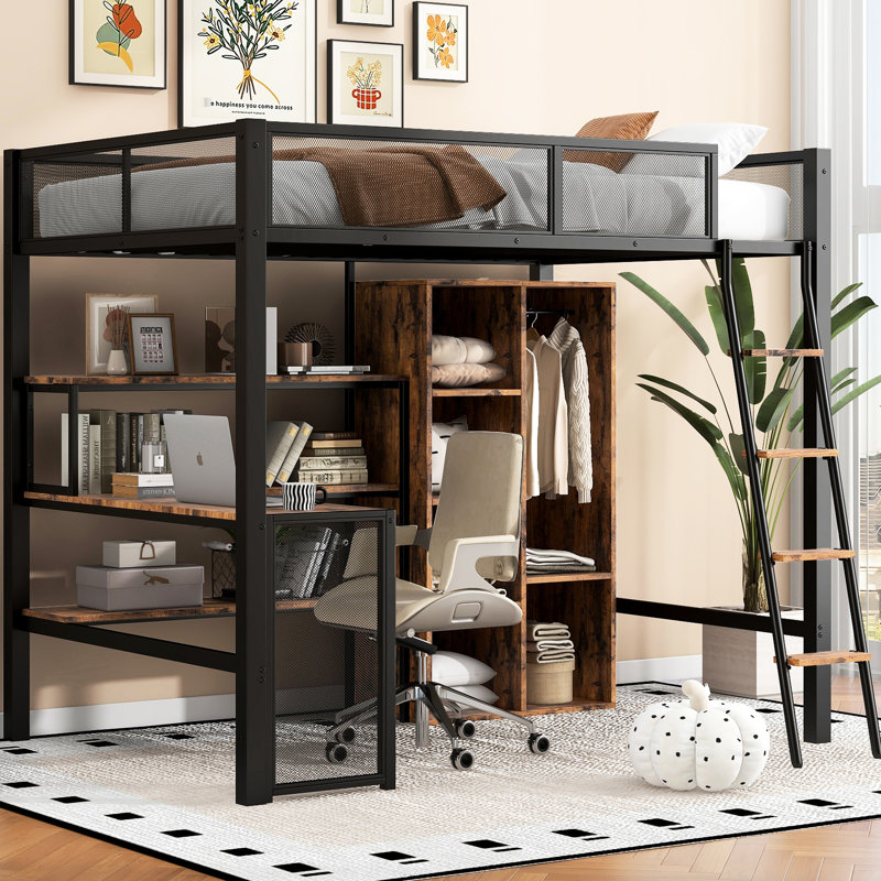 Lit mezzanine en métal noir de style moderne avec rangement et bureau - Lignes épurées pour une chambre à coucher contemporaine