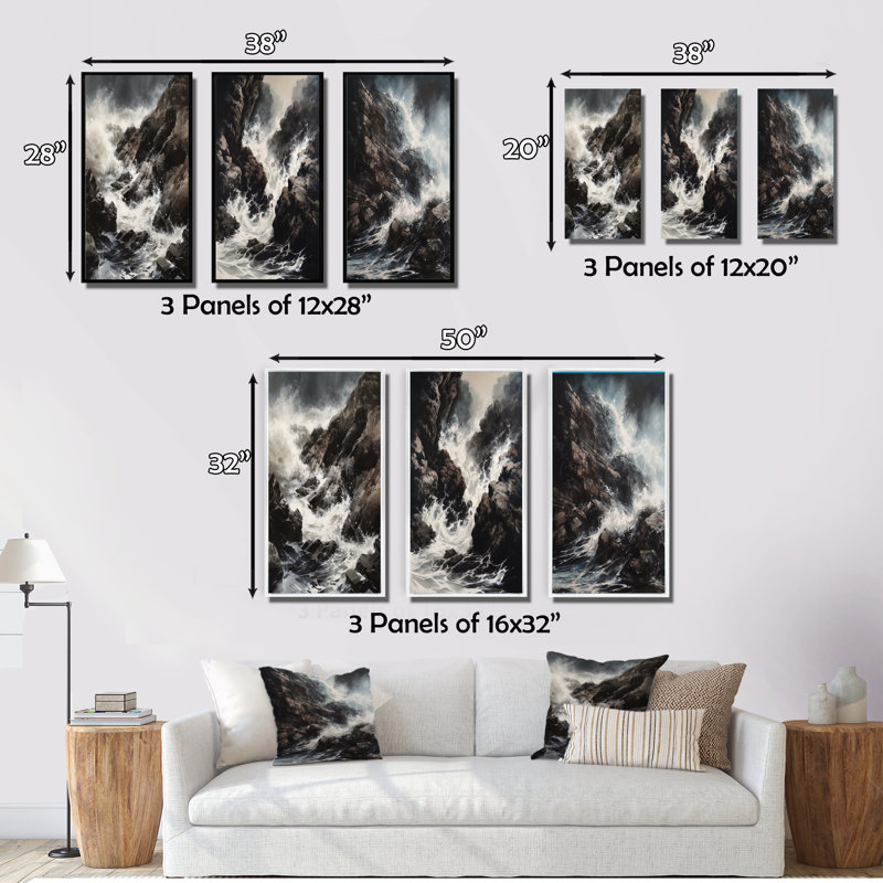 «Crashing Rocky Coastline», 3 pièces sur toile, H 32 po x l 48 po, Toile tendue