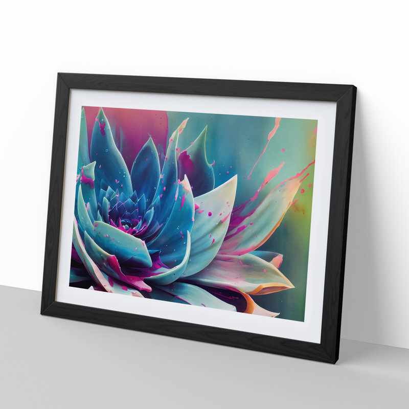 Succulent Plant Paint Splash Abstract - Single Picture Frame Print, 46cm H x 64cm W x 2cm D, Black