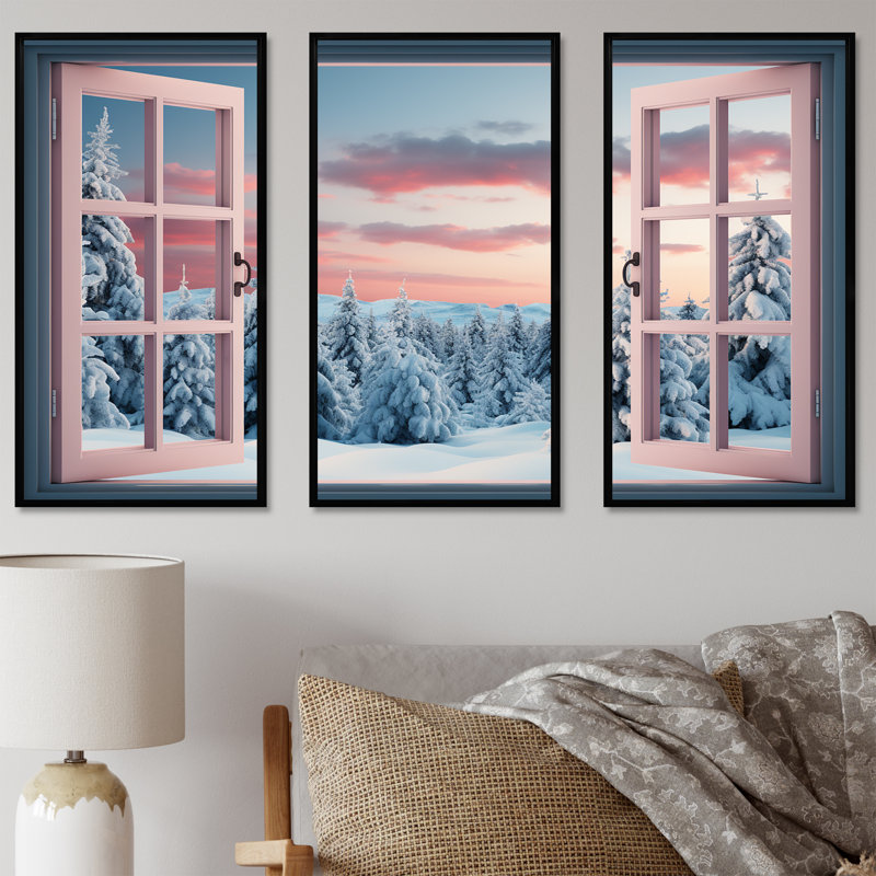 «Forest Winter Window View I - Winter Landscape», art mural, H 28 po x l 36 po x P 1 po, Cadre flottant noir