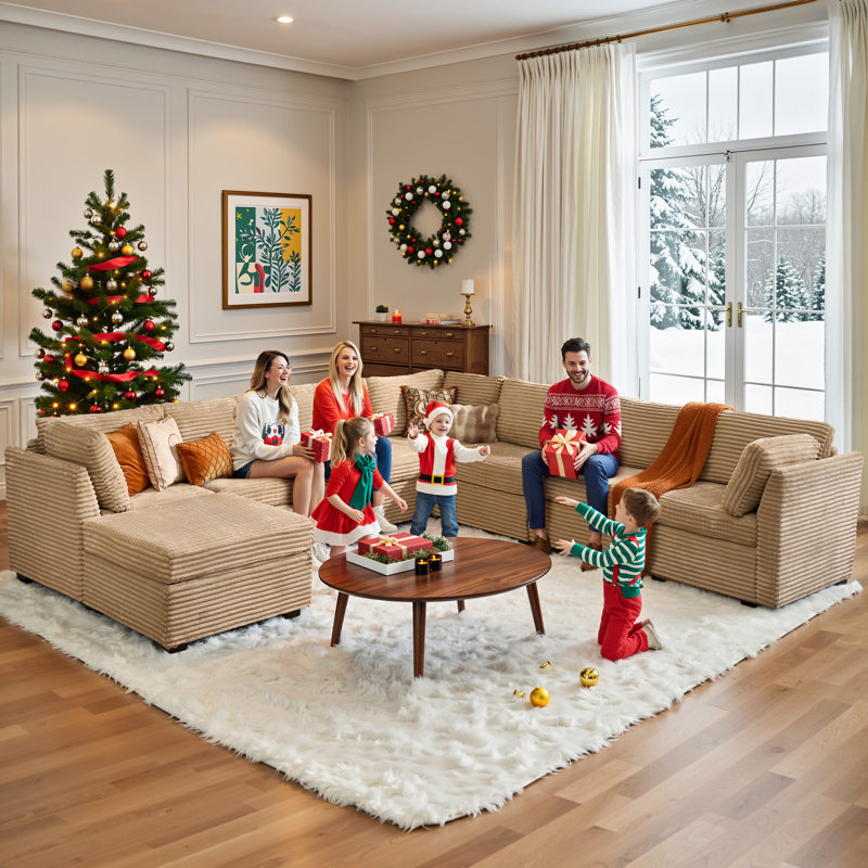 Cloudelle 8-piece U Shaped Modular Sectional With Oversized Ottoman Chaise, Modern Deep Seat Cloud Corduroy Sofa Set