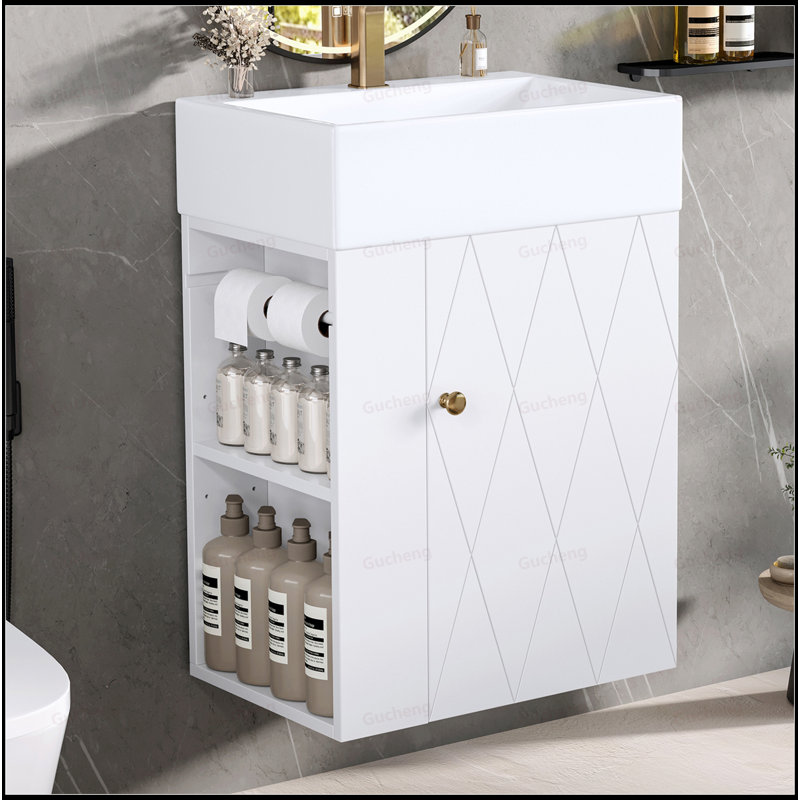 20"Small Wall-Mounting Bathroom Vanity With Side Storage Shelves, White