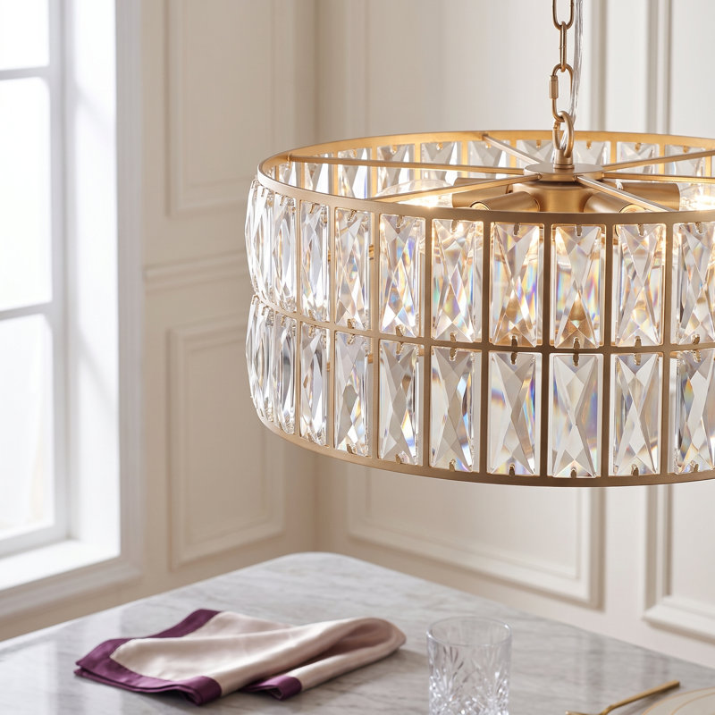 Lustre tambour en cristal doré à 6 lumières de 45,7 cm (18 po), suspension semi-encastrée réglable, Or brossé