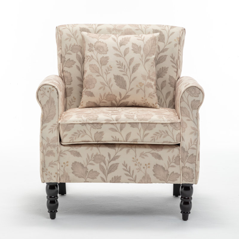 Vintage Floral Upholstered Armchair With Rolled Arms And Wooden Legs(Set Of 4), No, Oatmeal Leaf
