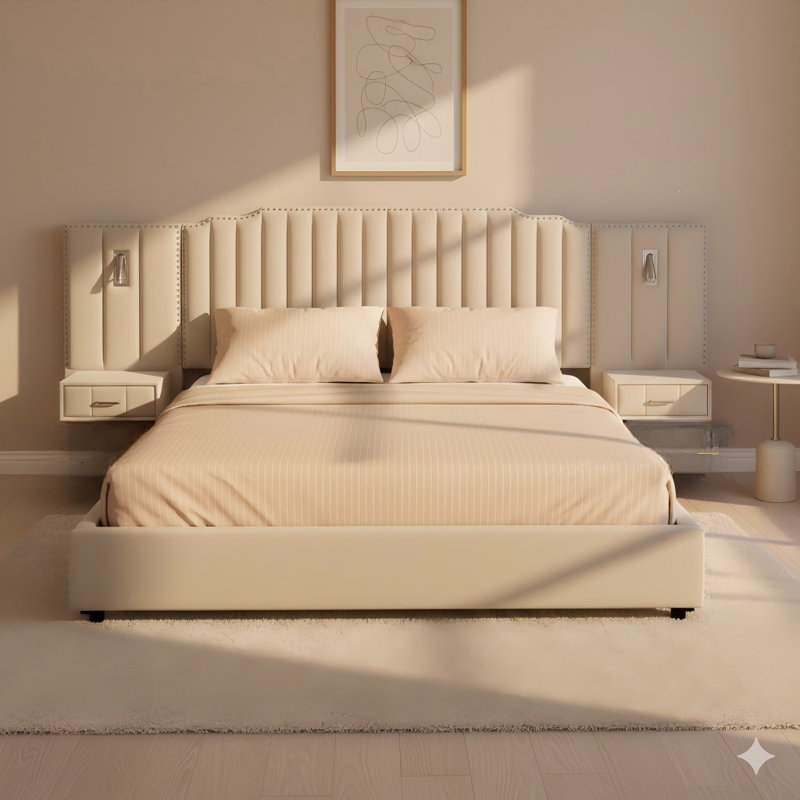 Lit plateforme tapissier très grand en tissu velours, présentant un motif à rayures verticales avec des boutons. Comprend une tête de lit, une structure solide et une table de chevet. Un sommier n'est pas nécessaire. Couleur: beige.