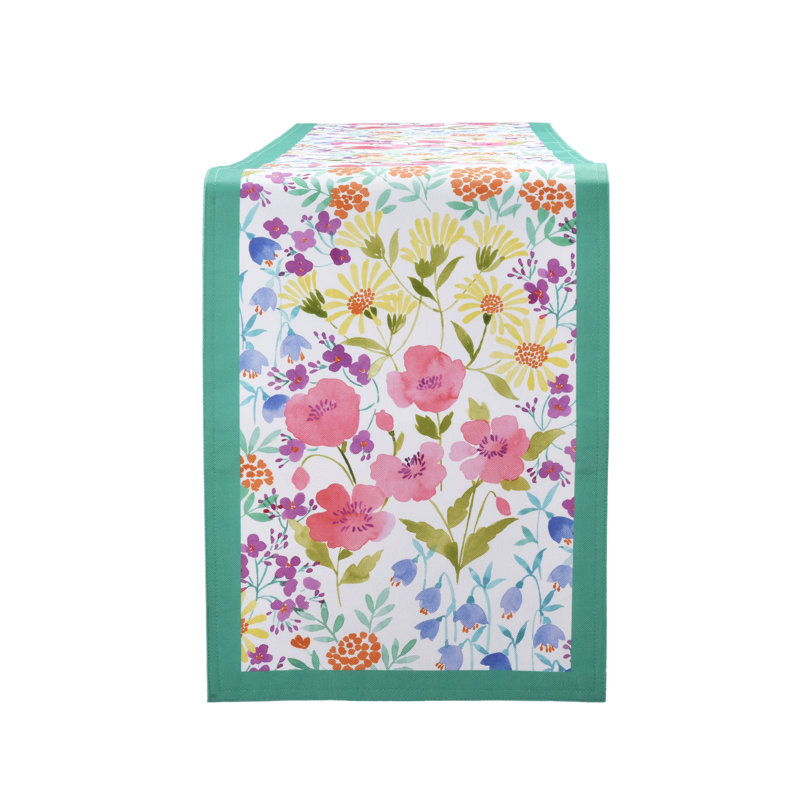 Floral Watercolor Polyester Table Runner with Green Border