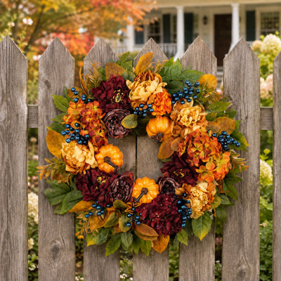 24" Fall Wreath with Dahlia & Blueberry Clusters, Full Autumn Floral Wreath for Front Door