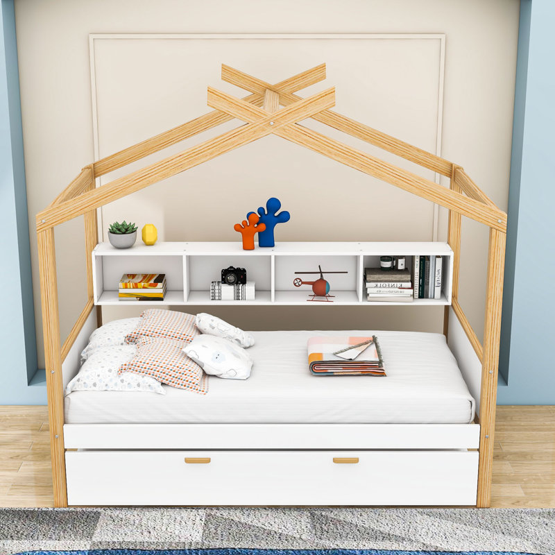 Lit simple en bois avec lit gigogne et tablettes de rangement