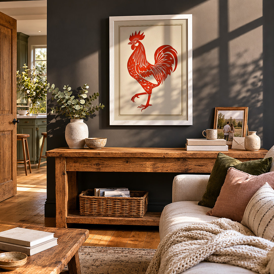 Bold Rooster Portrait Rustic - Framed Print