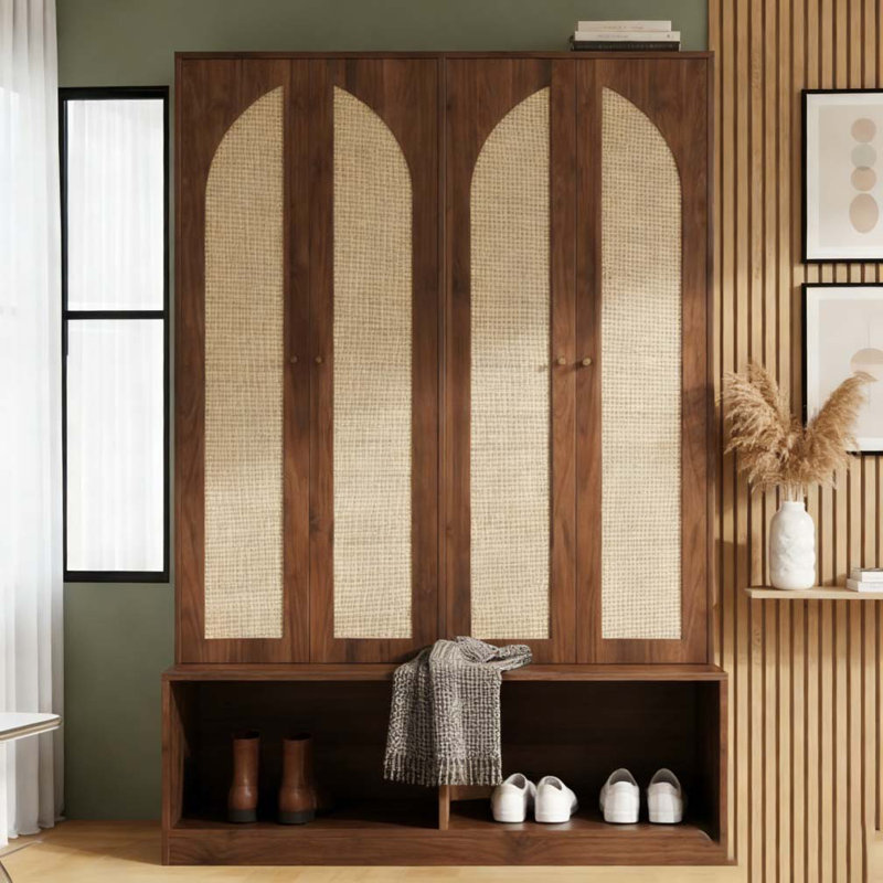 Hall Tree with 4 Rattan Doors, Versatile 4-In-1 Seating Bench with 6 Hooks, Walnut
