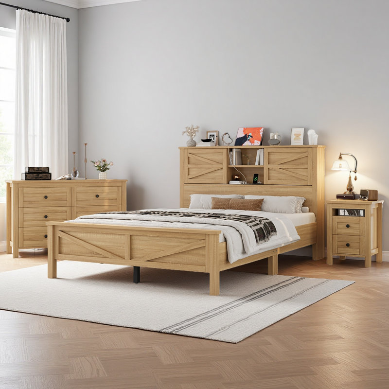 Ensemble de chambre à coucher 3 pièces avec lit plateforme Farmhouse, Naturel, Grand lit